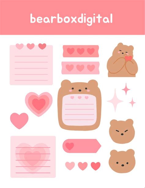 Cute Heart Bear Digital Sticker Pack Transparent Pre Cropped Pngs For