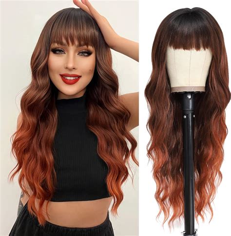 Nayoo Long Auburn Wigs With Bangs For Women Curly Wavy Hair Wigs Heat