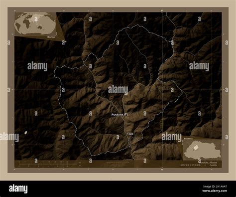 Punakha District Of Bhutan Elevation Map Colored In Sepia Tones With