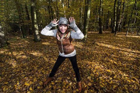 Crazy Young Woman Makes Fun In The Autumn Forest Stock Image Image Of