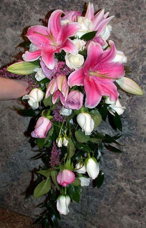 Sorbonne Stargazer Lilies With Roses Cascading Bouquet Pink Wedding Flower Bouquets