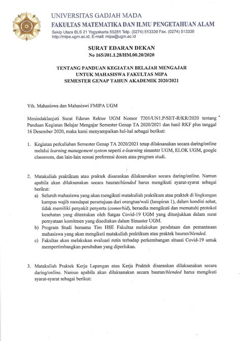 Surat Edaran Dekan Fmipa Ttg Panduan Kegiatan Belajar Mengajar Untuk