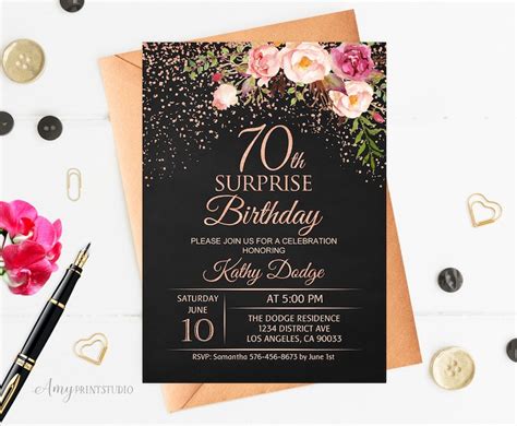 70th Surprise Birthday Invitation Floral Women Birthday Etsy