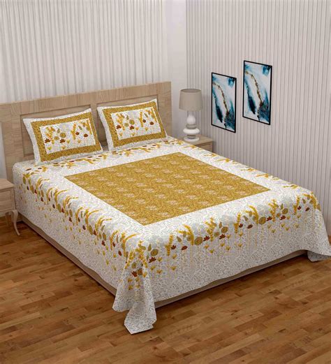 Buy Yellow Floral 108 Tc Cotton King Sized Bed Sheets With 2 Pillow