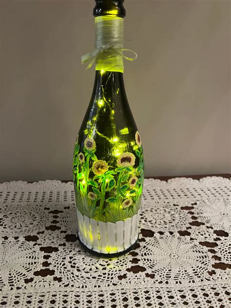 Sunflowers And Fence Hand Painted Wine Bottle With Fairy Lights Light Up Wine Bottle Sunflower