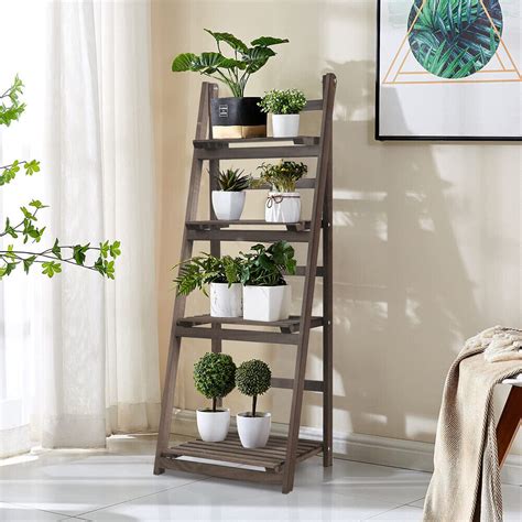 Tier Foldable Ladder Shelf Plant Stand Indoor Flower Pot Rack Wooden