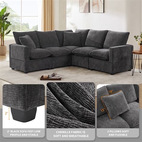 Modern L Shape Modular Sofa 5 Seat Chenille Sectional Couch Set W 2 Pillows Freely Combinable