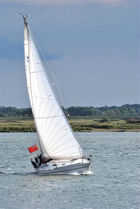 Yacht With White Sail Sail Turning Creek Photo Background And Picture