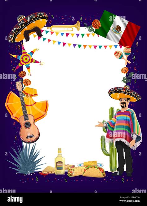 Mexican Cinco De Mayo Fiesta Party Signboard With Vector Frame Of Mariachi Sombreros Maracas