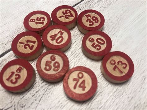 Ten 10 Pieces Vintage Wood Bingo Pieces With Red Print For Crafting And