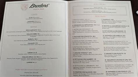 Menu at Broders' Pasta Bar, Minneapolis