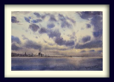 A Watercolor Painting Of Clouds Over A City