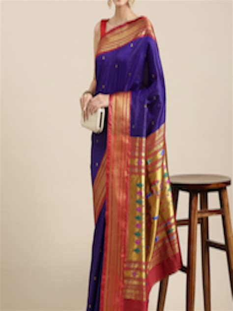 Buy Varkala Silk Sarees Navy Blue And Red Ethnic Motifs Zari Art Silk Paithani Saree Sarees For