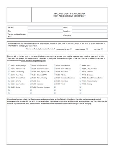 Free 10 Hazard Assessment Checklist Samples Fall Identification Risk