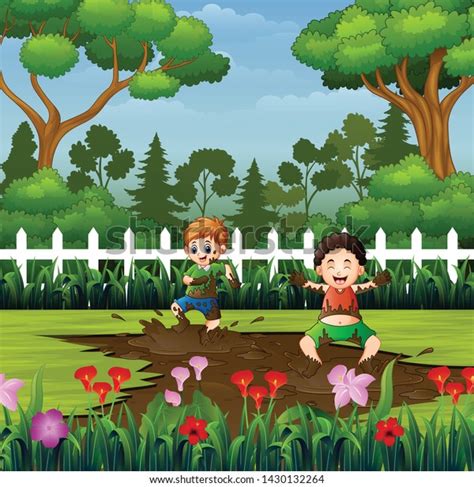 Happy Kids Playing Mud Puddle Park Stock Vector (Royalty Free) 1430132264