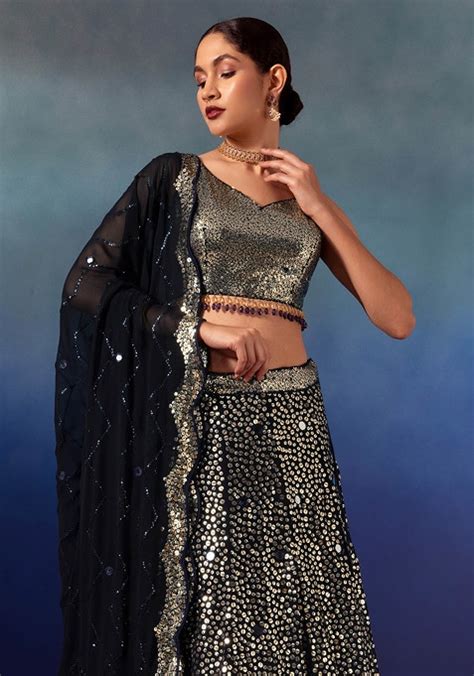 Buy Women Black Sequin And Mirror Embroidered Lehenga Set With Sequin