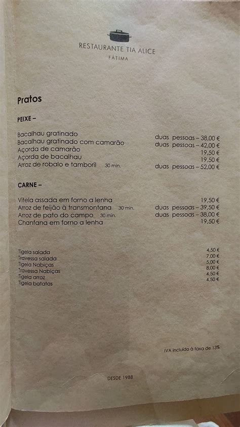 Menu At Restaurante Tia Alice F Tima