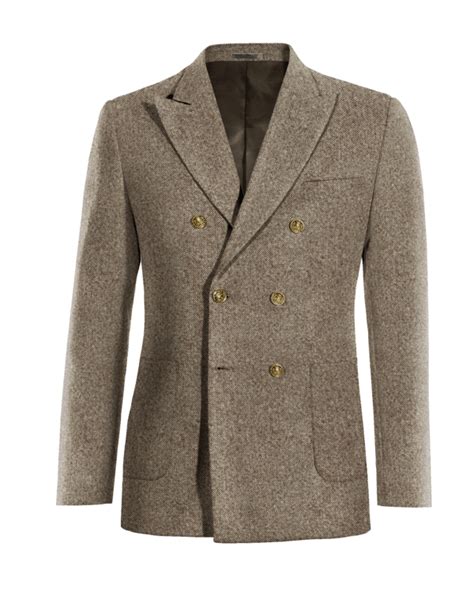 Brown Tweed Six Buttons Double Breasted Peak Lapel Blazer With Patched