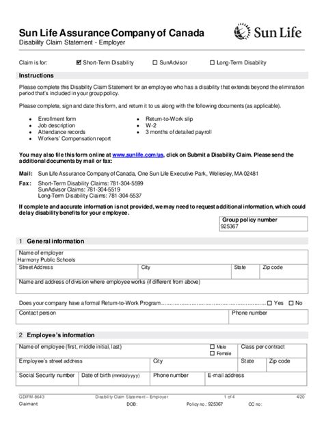 Fillable Online Sunlife Comformsforemployersdisability Claim