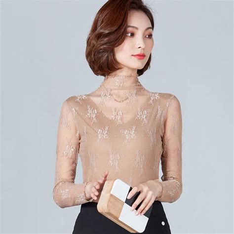 Sanishroly Summer Autumn Women Turtleneck Blouses Slim Floral Lace