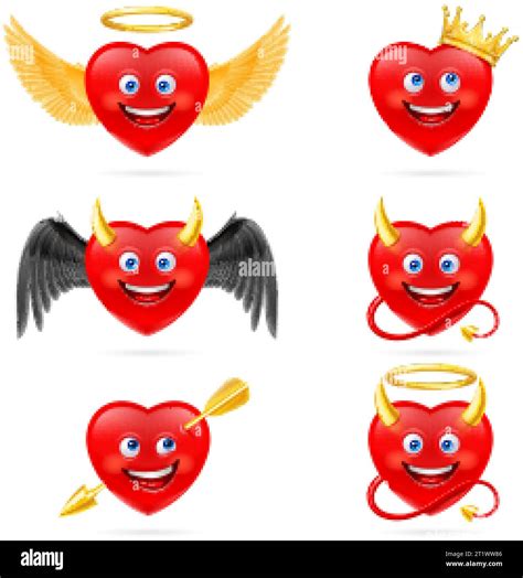 Set Of Angels And Devils Hearts Characters On White Background