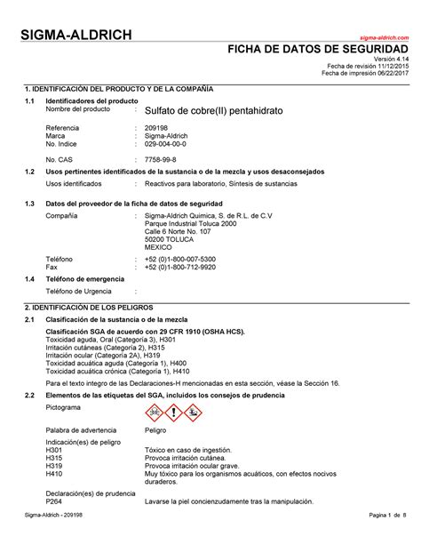 Sulfato De Cobre Ii Pentahidratado Hoja De Seguridad Sigma Aldrich