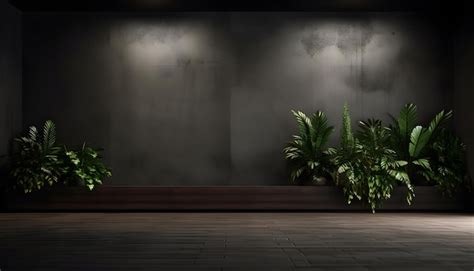 Habitación vacía de pared oscura con plantas en un piso alto detalle