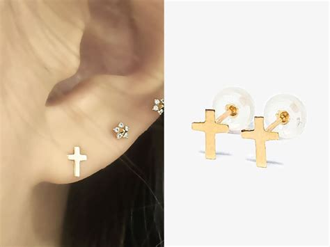 14K Solid Gold Cross Stud Earrings Tiny Cross Earrings Simple Stud