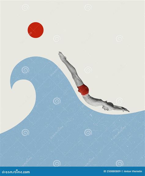 Contemporary Art Collage Young Man Swimming Into Sea Waves Diving