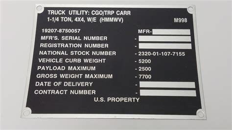 M998 Truck Utilty Data Plate Hmmwv