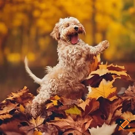 Goldendoodle Playing In A Pile Of Autumn Leaves On Craiyon