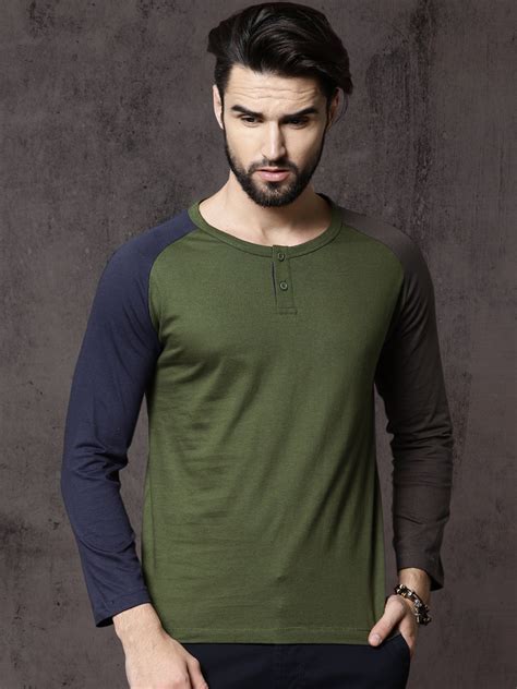 Buy Roadster Men Olive Green Solid Henley Neck Pure Cotton T Shirt