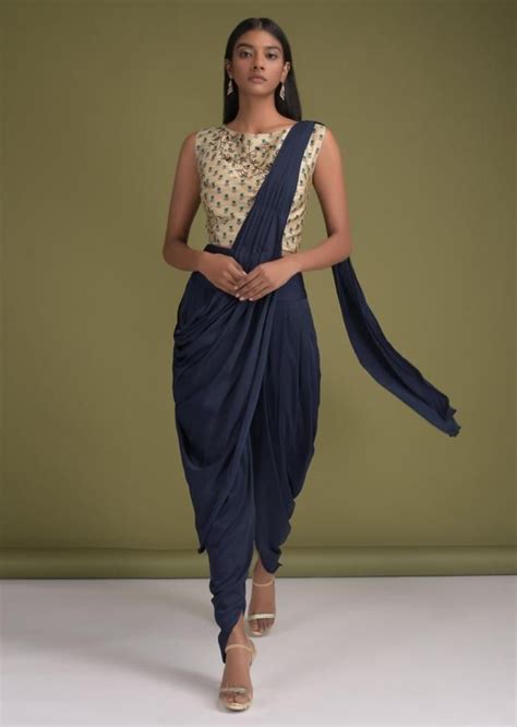 Navy Blue Dhoti Saree In Satin With Pre Stitched Pallu And Sand Beige