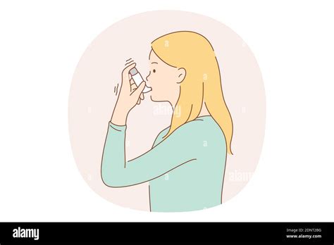 Asthma And Inhaler Concept Young Woman Asthmatic Using Spray Inhaler For Preventing Disease