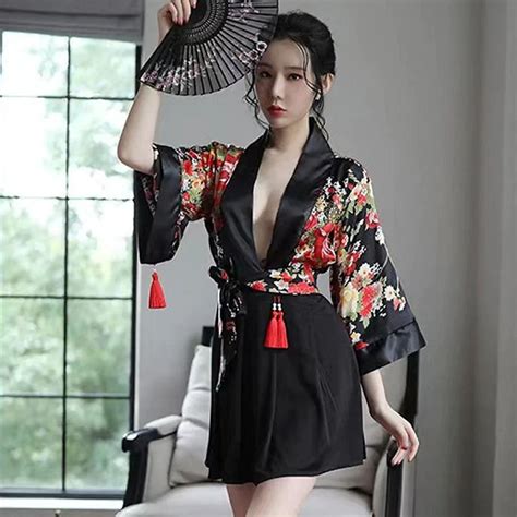 Japanese Kimono Costume Sexy Floral Robe Deep V Semi Sheer Lingerie Yomorio