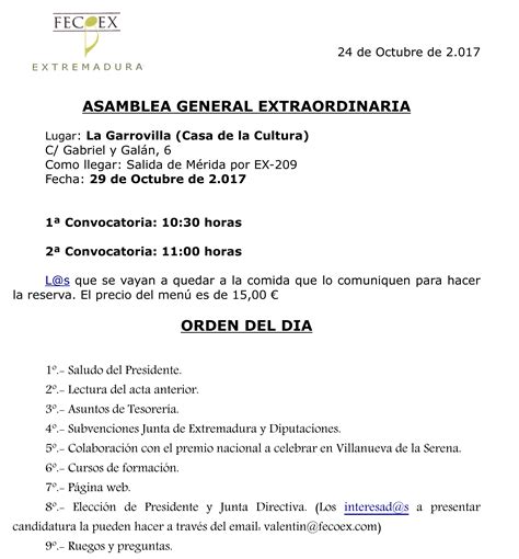 Convocatoria Asamblea General Extraordinaria Fecoex