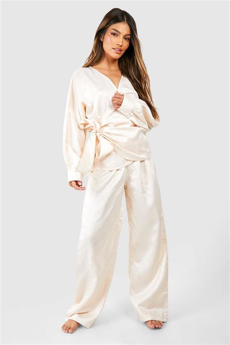 Satin Wrap Pyjama Set Boohoo Uk