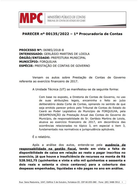 Mpc Emite Parecer Pela Desaprova O Das Contas Do Ex Prefeito De