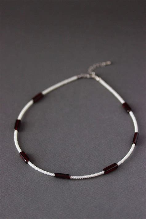 White Seed Beads Choker Necklace With Dark Red Glass Beads Etsy