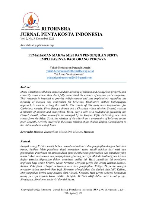 Pdf Pemahaman Makna Misi Dan Penginjilan Serta Implikasinya Bagi