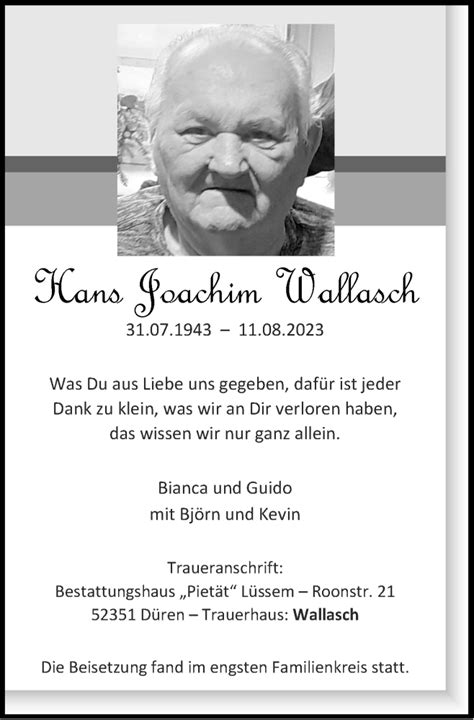 Traueranzeigen Von Hans Joachim Wallasch Aachen Gedenkt