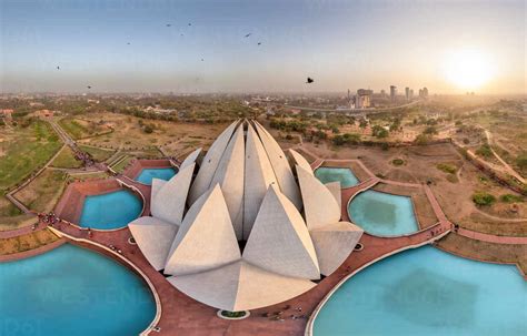 Aerial View Of Lotus Temple With Birds Flying By Delhi India Stock Photo