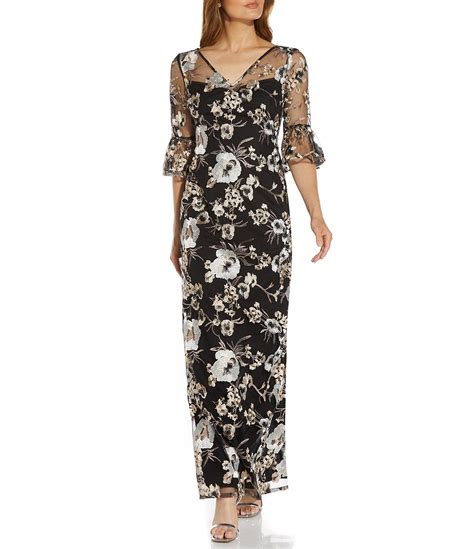 Adrianna Papell Floral Embroidered V Neck 34 Elbow Bell Sleeve Gown