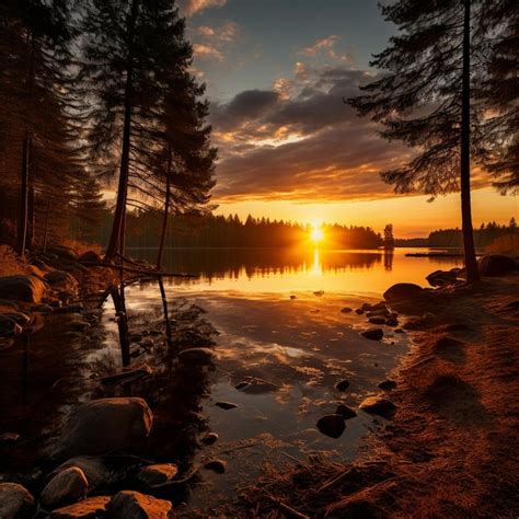 Premium Ai Image Sunset Splendor Tranquil Lake Landscape