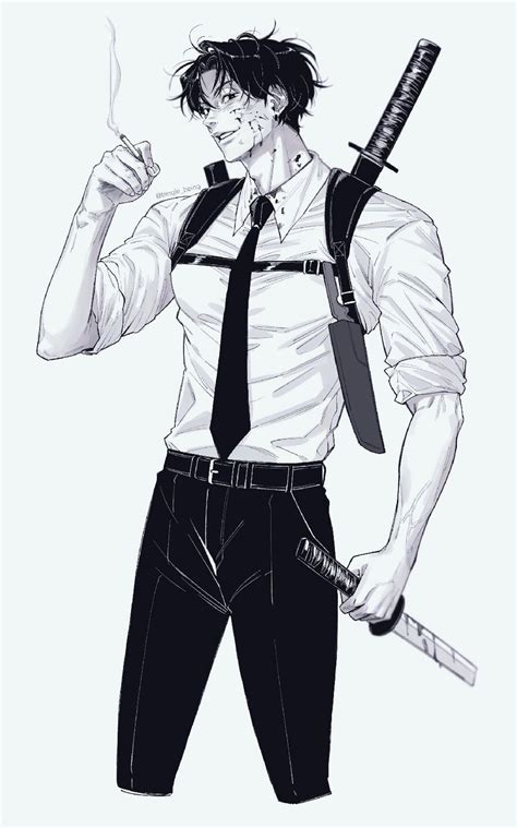 A Drawing Of A Man In Suspenders And Tie Holding Two Knives With Both Hands