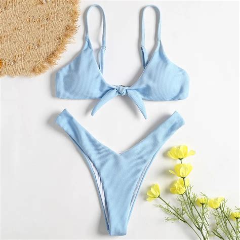 Zaful 2019 New Arrival Ribbed Knotted Swim Bra With Thong Bottoms