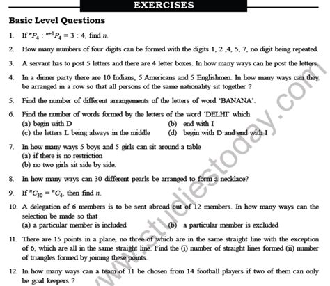 Cbse Class 11 Permutation And Combinations Worksheet F