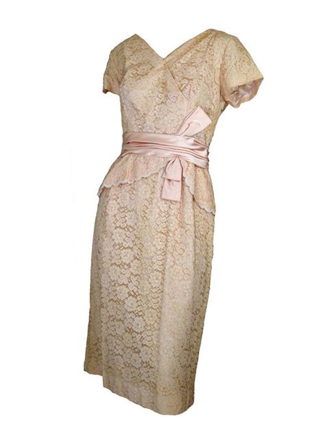 Vintage 50s Wiggle Dress Beige Lace Satin Bow Trim A Dubarry Etsy