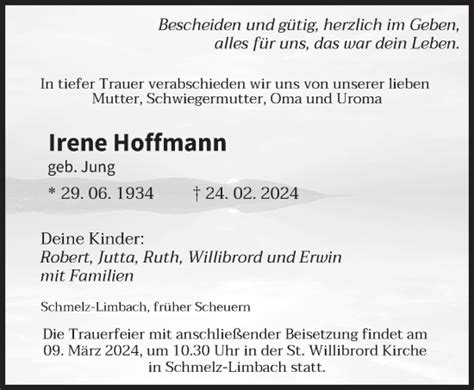 Traueranzeigen Von Irene Hoffmann Saarbruecker Zeitung Trauer De