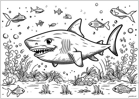 Great Shark And Small Fish Around It Shark Coloring Pages For Adults